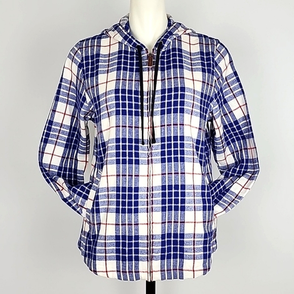 L.L. Bean Women's Relaxed Fit Light Flannel Plaid Cotton Hood Zip Up Jacket Sz S - Picture 3 of 12